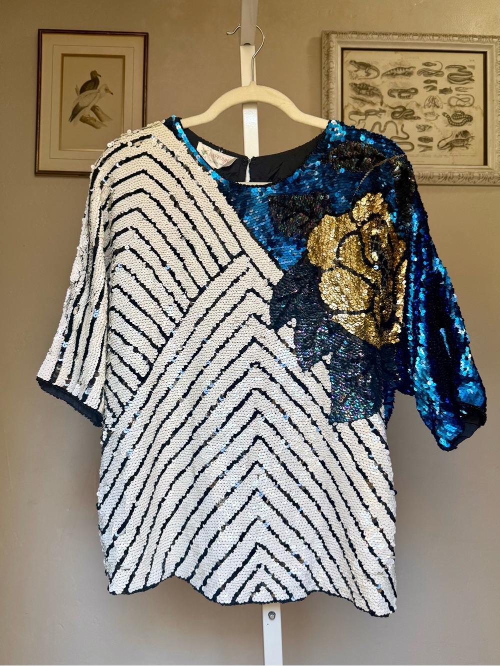 Vintage Sequin Chevron & Floral Accent Top Glamorous and Sparkly Large